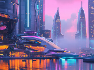 Futuristic Waterfront Metropolis at Twilight