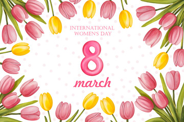 Greeting card with Women's Day. Elegant watercolor spring poster with tulips. Delicate floristry, women's gift for March 8. Soft pastel illustrations