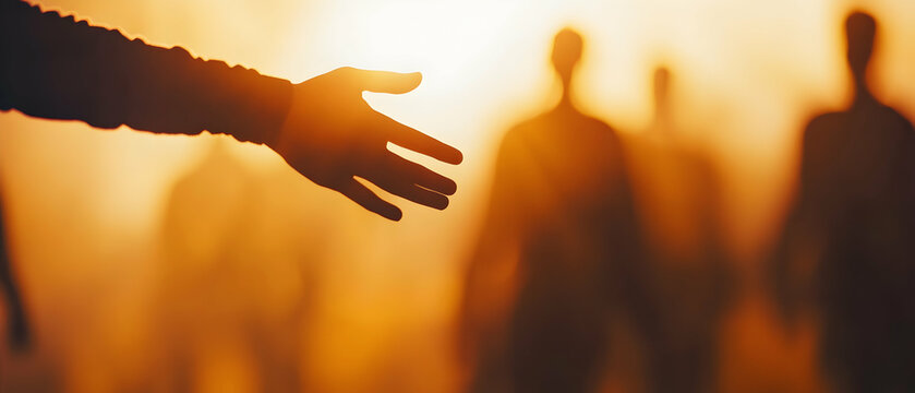 A person extending a helping hand to another in front of a group, symbolizing servant leadership  -  