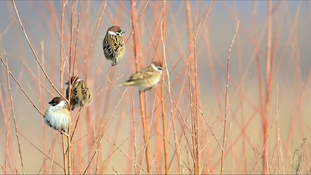 Four Eurasian tree sparrows with brown and white plumage, perch on thin, leafless branches, creating a natural scene against a blurred background
