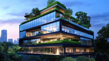 Obraz premium Minimalist office building with green rooftop, sustainable design, large glass panels, eco-friendly urban concept