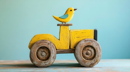 Fototapeta premium Yellow wooden toy truck with a small bird on top against a light blue background.