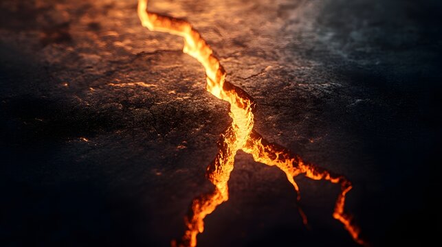Molten Lava Flows Through a Dark Cracked Surface