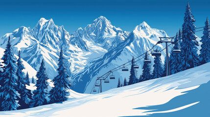 Fototapeta premium Beautiful ski resort in snowy mountains, ski resort house, ski lift, minimalist flat illustration, vector art poster, ski poster, Ultra-high resolution