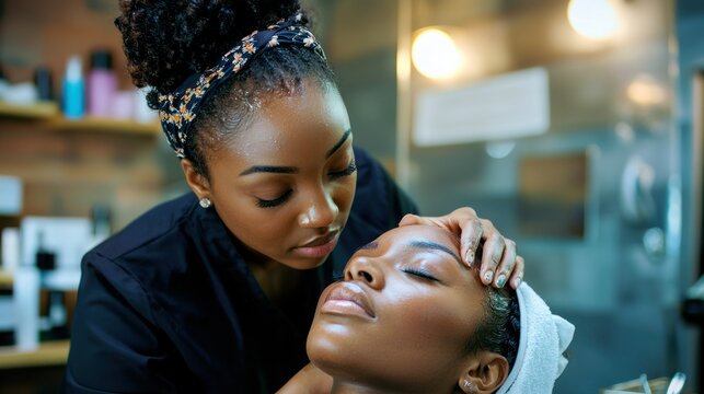 A beautician gently massaging a clientâ€™s face, with a relaxed expression and a focus on skincare.