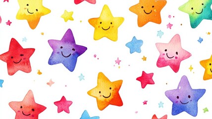 Fototapeta premium Colorful watercolor illustration of star emojis scattered playfully across a white background, creating a joyful and dreamy atmosphere