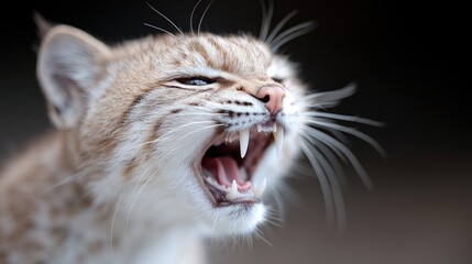 Wild bobcat snarling, close-up, dark background