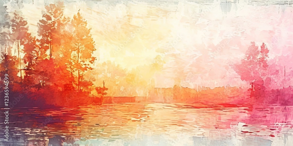 Poster a painting of a forest with a lake in the background
