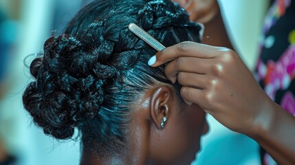 A beautician styling a clientâ€™s hair, with an emphasis on the skillful technique and professional tools used.