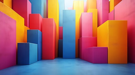 Colorful abstract 3D geometric shapes, vibrant hues, blocks, creating a dynamic composition.