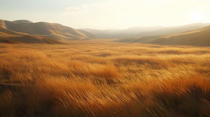 Golden Hour Serenity:  Vast Grasslands Under a Sunset Sky