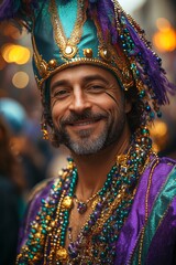 Fototapeta premium Smiling man in vibrant mardi gras costume