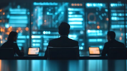Corporate Leaders Discussing Policy Implementation in Tech-Infused Meeting Room