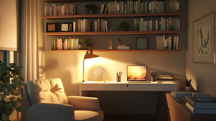 Cozy home office illuminated by warm lamplight. Bookshelves, desk, and comfortable armchair create a relaxing workspace.
