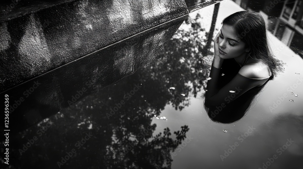 Poster reflective moment captured in serene water setting during twilight hours showcasing a girl in deep t