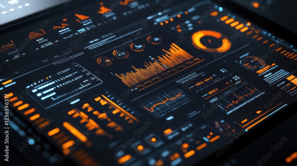 Poster a data analytics and visualization concept featuring a digital dashboard displaying various metrics 