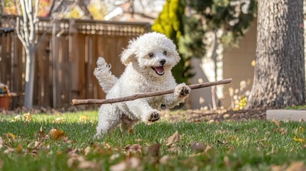 A cheerful Bichon dog running around in a backyard, its fluffy coat bouncing as it plays with a stick.