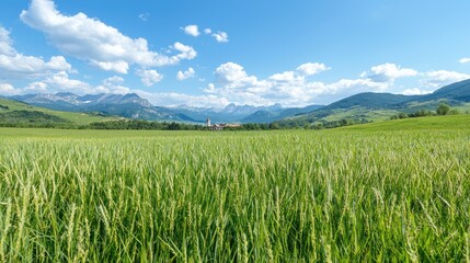 Mountain village view, green field, sunny day, travel poster