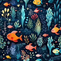 Naklejka premium Colorful fish swim among vibrant coral and seaweed. No transparency.