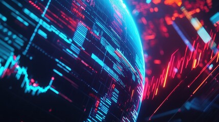 A close-up of a digital globe with floating financial indicators, economic trends, and predictive analytics visualized in neon blue