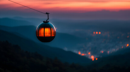 Obraz premium Cable car at sunset, mountain valley, city lights. Travel website banner