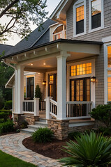 Dream House Exterior: Modern Classic Home Design with Stone and Wood Details.  Luxury Real Estate, Evening Lighting, Landscaping