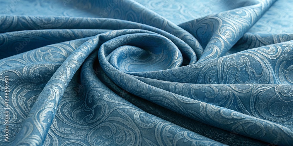 Poster a blue fabric with a pattern of swirls and diamonds