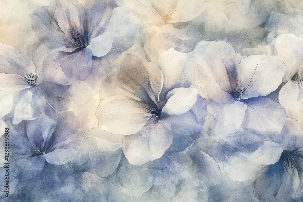 Poster soft blue floral pattern with delicate textures and light background evoking a calm and serene atmos