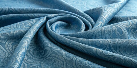 A blue fabric with a pattern of swirls and diamonds
