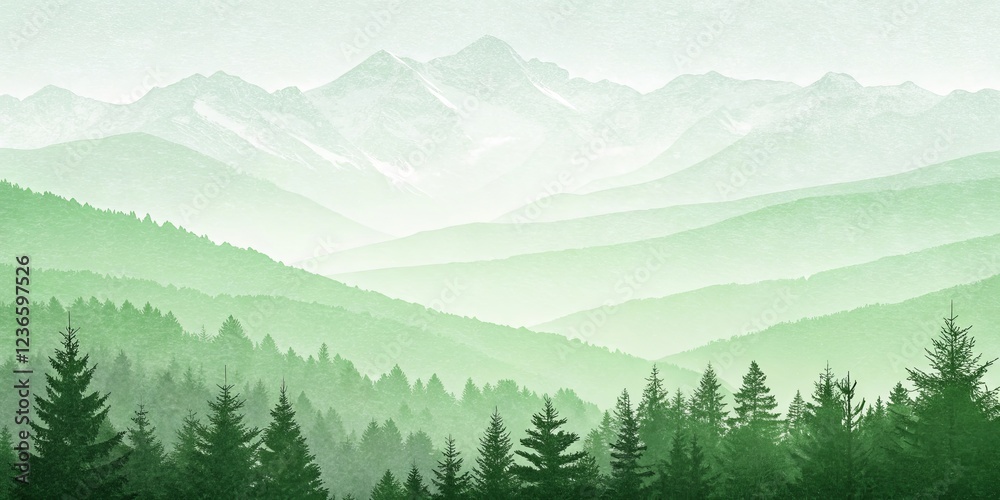 Poster a mountain range with a forest in the foreground