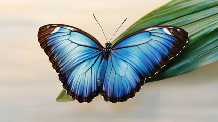 Blue morpho butterfly resting on a tropical leaf, shimmering metallic blue wings, close-up detail