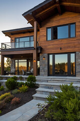 Fototapeta premium Modern Luxury Lake House Exterior: Stunning Contemporary Design with Wood and Stone