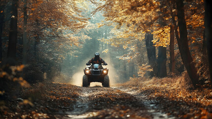 ATV riding through a forest trail in autumn, driven by a man in protective gear, embodying off-road adventure  -  