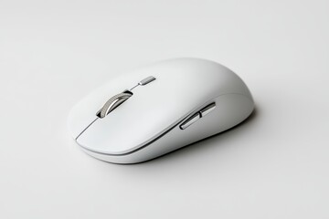 A sleek white computer mouse on a minimalistic background, ideal for modern workspace and tech-related imagery.