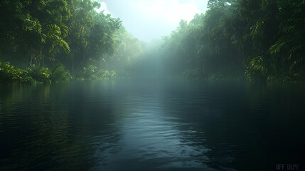 Obraz premium Misty river flows through lush jungle; serene nature scene; travel, adventure background