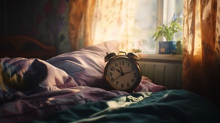Golden alarm clock on a messy bed near a window with floral curtains