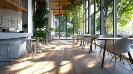 Fototapeta premium Modern eco spacious office with wooden floor and tables, big windows, grey top and white chairs. 3D rendering