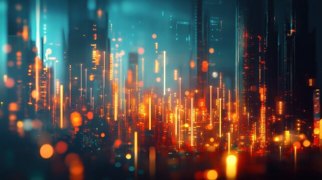 Smart city and stats concept with growing digital graphs and diagram at abstract night city background. Double exposure