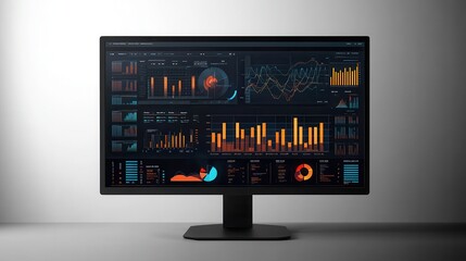 Computer monitor displaying an abstract network monitoring dashboard with real-time data analytics, graphs, and system health indicators.