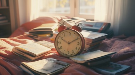 Retro alarm clock sits on a messy bed among scattered magazines bathed in sunlight