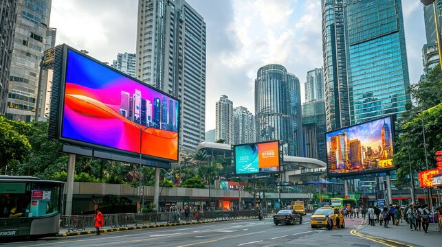 Fototapeta A vibrant urban scene with several digital billboards displaying dynamic ads in a bustling city center.