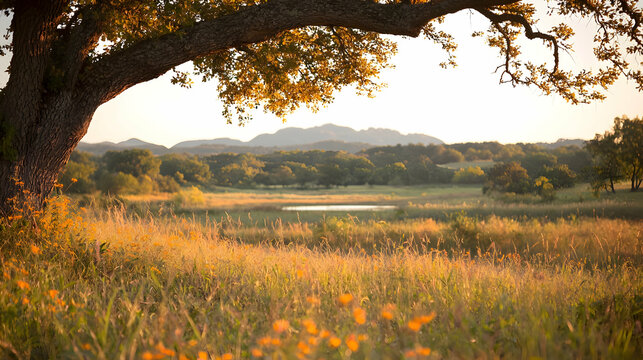 Golden hour landscape tranquil Texas Hill Country ranch