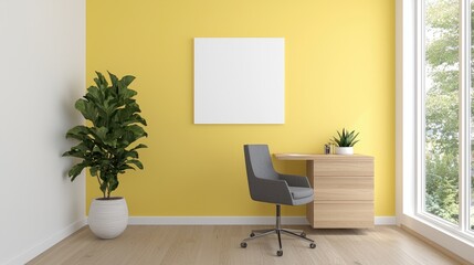 Modern home office with yellow wall, desk, chair, and blank canvas