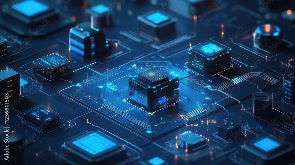 Poster modern cloud computing infrastructure illustration with connected devices and data flow visualizatio