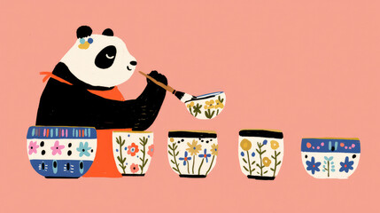 doodle illustration of panda painting ceramic bowls with floral designs, showcasing artisan charm and creativity. playful scene captures joy of artistry