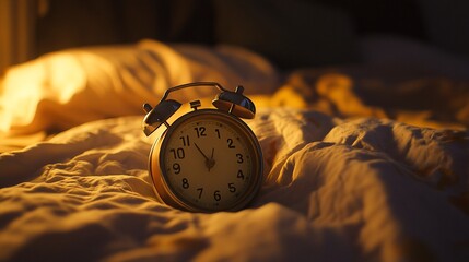 A golden alarm clock rests on a rumpled bed indicating bedtime or wake up time