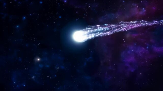 Experience a mesmerizing journey as a comet glides through the galaxy. Its icy tail sparkles against the darkness, leaving behind beautiful trails of luminous particles in the vastness of space.