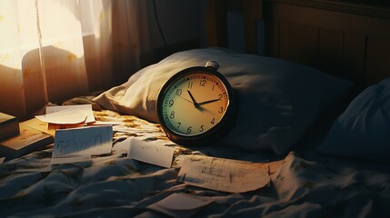 Retro round alarm clock resting on a bed with scattered papers and warm sunlight