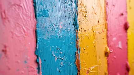 Colorful surface of hand painted wooden toy with vibrant pink, blue, and yellow hues, showcasing texture and artistic expression