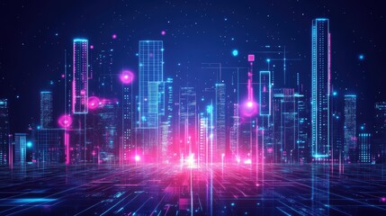 Obraz premium cityscape with space and neon light effect. Modern hi-tech, science, futuristic technology concept. Abstract digital high tech city design for banner background